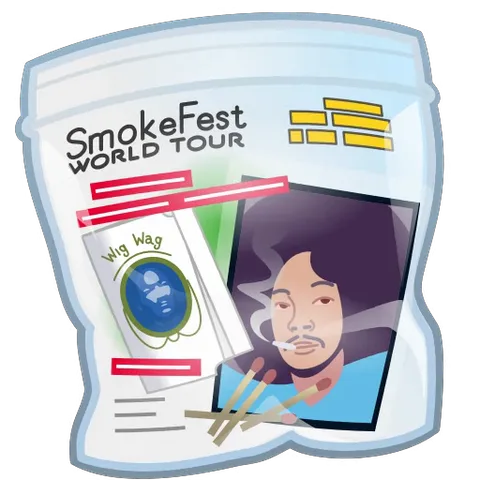 Анимированный стикер: белый пакет с надписью «SmokeFest World Tour» и изображением человека с сигаретой; сверху торчит черная видеокассета.