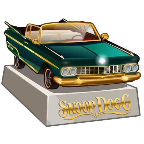 Зелёный автомобиль лоурайдер с золотыми элементами и надписью Snoop Dogg на постаменте анимированно подпрыгивает со вспышками света.