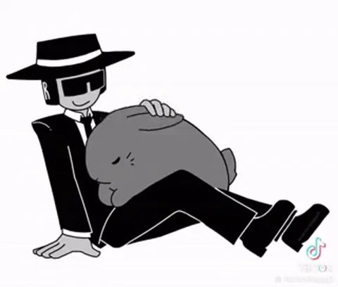 Анимация с блочным персонажем в шляпе и очках, который сидит и гладит большого серого кролика.