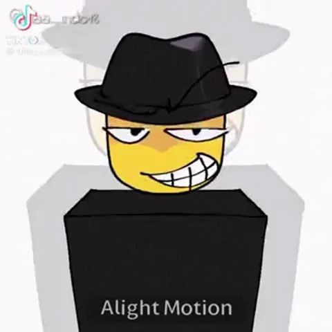 Мультяшный жёлтый персонаж в чёрной шляпе у пульта Alight Motion с широкой улыбкой.