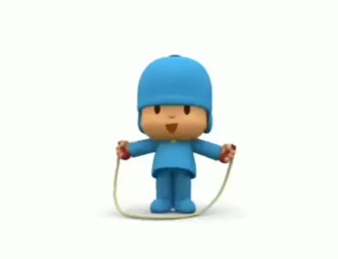 Анимация персонажа Pocoyo, который прыгает на скакалке и путается в ней.