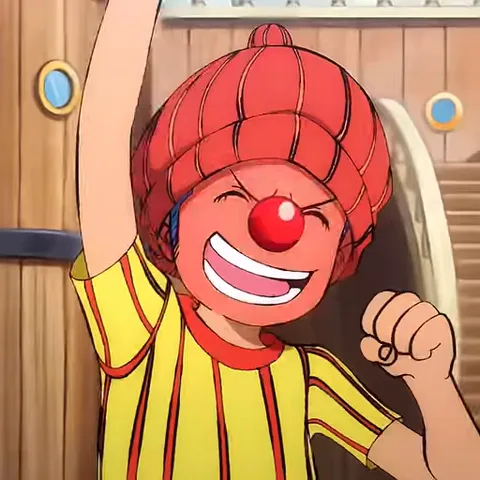 Анимация персонажа Багги из аниме One Piece: сначала он смеется, потом пугается и падает на пол.