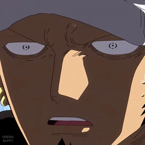 Анимация из One Piece: Трафальга Ло с растерянным лицом и Чоппа, сидящим у него на голове, рядом испуганный Усопп.