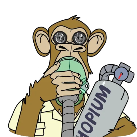 Стикер с обезьяной, которая дышит из маски на баллоне с подписью HOPIUM.