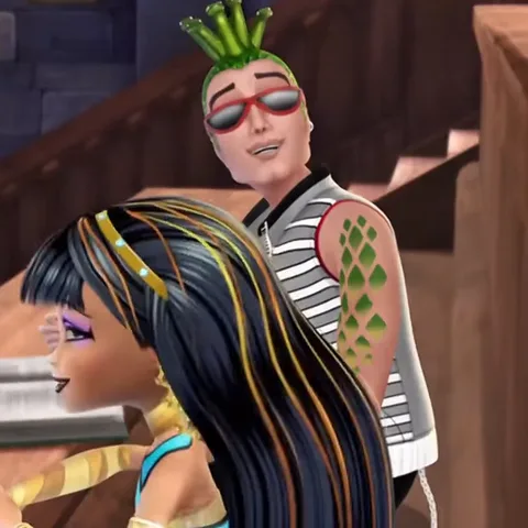 Анимация Клео де Нил из Monster High, которая оборачивается через плечо и улыбается парню Деусу Горгон.