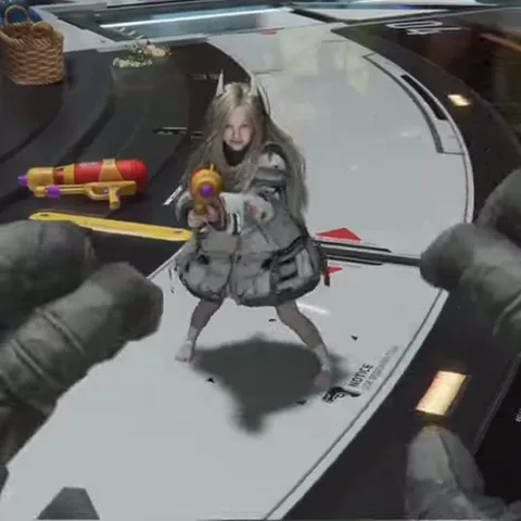 Игровая сцена: девочка с рогами стреляет в игрока из желто-красного пистолета.