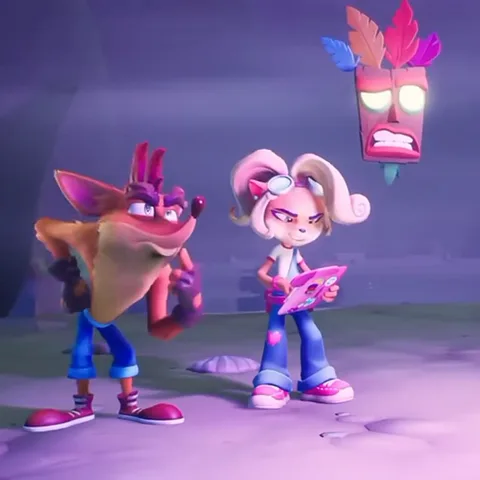 3D-анимация персонажей Crash Bandicoot: оранжевый сумчатый указывает пальцем на девушку-бандикута с розовыми волосами, она держит планшет и хмурится, сверху летает деревянная маска.