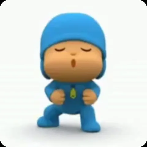 3D-персонаж Pocoyo в синей одежде танцует с закрытыми глазами на белом фоне.