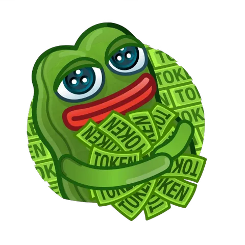 Анимация персонажа Пепе, который обнимает зеленые деньги с текстом TOKEN на прозрачном фоне.