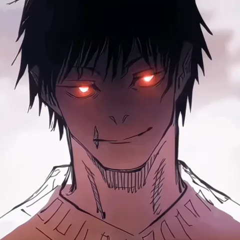 Крупный план лица аниме-парня со злыми красными глазами и улыбкой, на фоне вспышек света.
