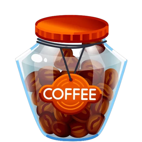 Анимированная стикер-картинка банки с кофе и оранжевой биркой COFFEE на прозрачном фоне.