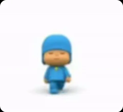 3D-персонаж Pocoyo в синей одежде выполняет танцевальные движения на белом фоне.