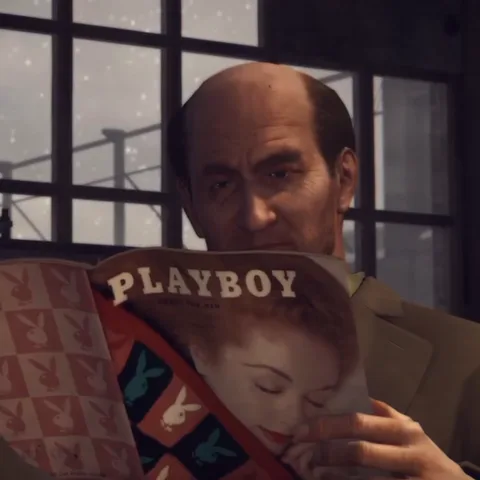 Анимация мужчины-мафиози, который прячет лицо за обложкой журнала Playboy и смотрит поверх неё.