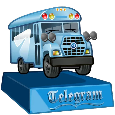 Голубой автобус с логотипом Telegram подпрыгивает на постаменте с надписью «Telegram».