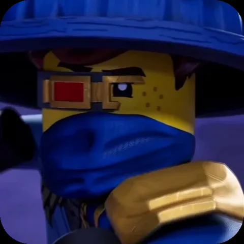 Анимация персонажа Джея из LEGO Ninjago в синей шляпе и маске, который хмурится и смотрит в сторону через красный визор.