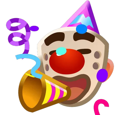 Анимированный клоун в колпаке дует в желто-розовую дудку, вокруг него летят конфетти и серпантин.