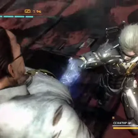Анимация из игры Metal Gear Rising: Revengeance, где персонаж Рейден атакует противника, который загорается и рассыпается.
