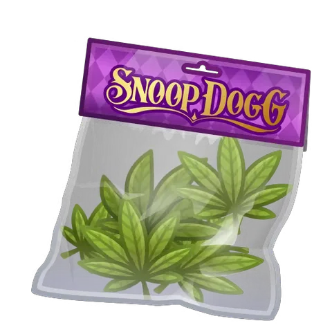 Анимация прозрачного пакета с изображением каннабиса и брендом Snoop Dogg на фиолетовом фоне.