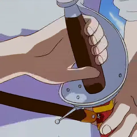Персонаж Griffith из аниме Berserk достает меч из ножен и принимает позу фехтовальщика.