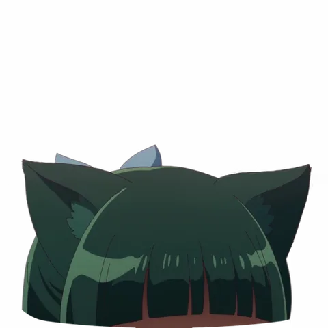 Верхняя часть головы аниме-девушки с зелёными волосами и подвижными кошачьими ушами на прозрачном фоне.