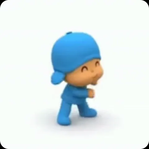 3D-персонаж Pocoyo в синем костюме танцует на белом фоне, покачивая бедрами и поднимая руки.