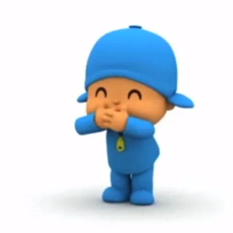 Анимация персонажа Pocoyo, который смеется, закрыв рот руками.