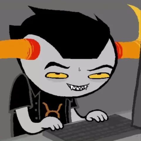 Анимация серого тролля из Homestuck в черной футболке со знаком Тельца, который злобно ухмыляется и печатает на клавиатуре.