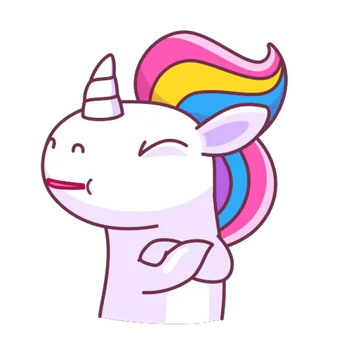 Анимированный стикер: белый единорог с разноцветной гривой стоит со скрещенными руками, закатывает глаза и высовывает язык, выражая скепсис или раздражение.