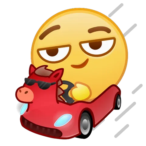 Анимированный жёлтый смайлик управляет красным автомобилем с головой лошади и меняет выражение лица с довольного на испуганное.