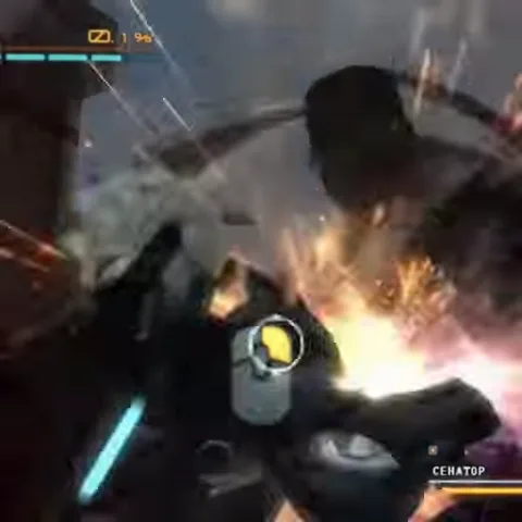 Анимация из игры Metal Gear Rising: Revengeance, где Рейден бьёт врага, сопровождая действие вспышкой света и подписью «СЕНАТОР».
