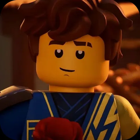 Анимация персонажа Джея из LEGO Ninjago в синей броне, который держит красную розу.