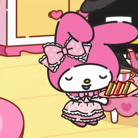 Анимация персонажей Sanrio: розовый кролик в капюшоне несет поднос с сэндвичем и чаем к черному персонажу с дьявольским хвостом.