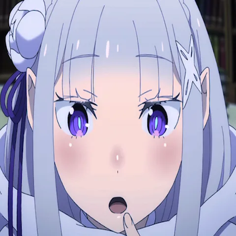 Крупный план лица Эмилии из аниме Re:Zero, которая удивлённо реагирует на что-то.