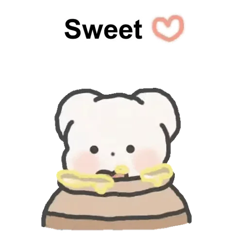 Анимированный белый медвежонок жует торт, на фоне текст Sweet и сердечко.