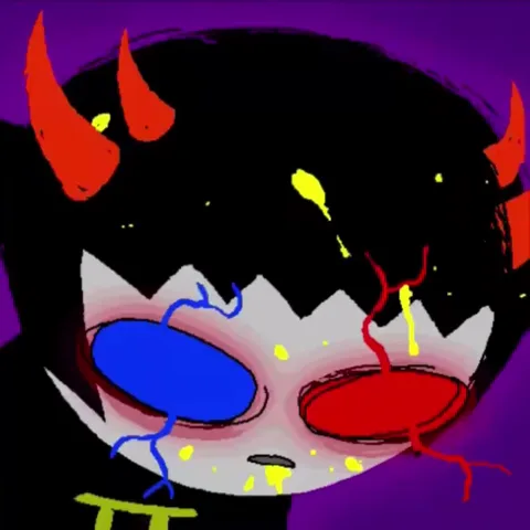 Стикер с изображением тролля из Homestuck: чёрные волосы, красные рога, один глаз синий, другой красный; лицо мигает цветами.