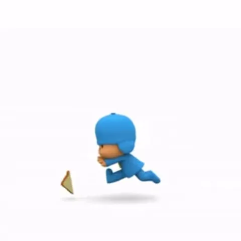 Анимация персонажа Pocoyo, который прыгает и крутится на белом фоне.