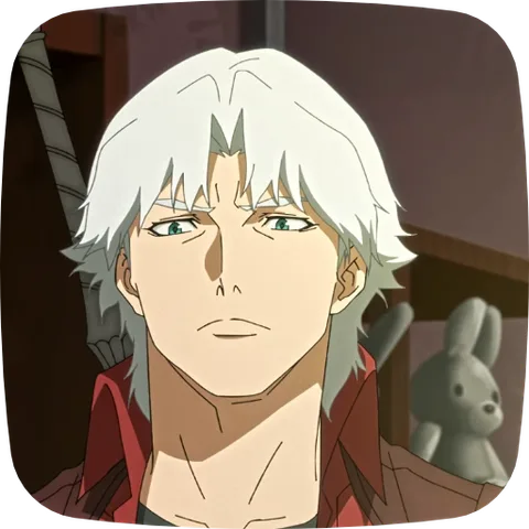 Анимация персонажа из игры Devil May Cry, который смотрит в сторону с ухмылкой.