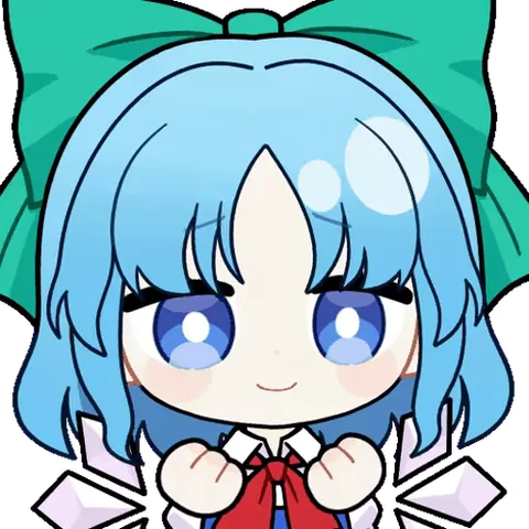 Анимированный персонаж Цирно из Touhou Project с короткими голубыми волосами и большим зелёным бантом на голове. Она одета в белую рубашку с красным галстуком. Персонаж периодически высовывает язык и моргает, демонстрируя игривое настроение.