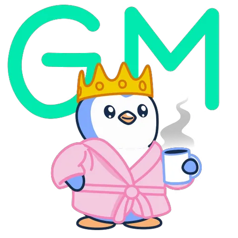 Пингвин в золотой короне и розовом халате держит чашку кофе, надпись GM.