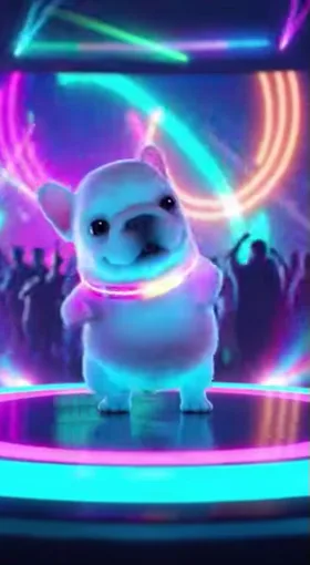 Анимация показывает белого щенка породы Pibble, который крутится и двигается в такт музыке на ярком неоновом фоне.