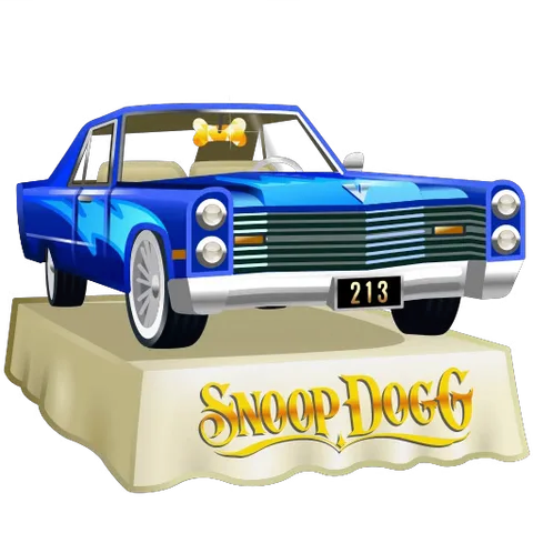 Синий автомобиль в стиле лоурайдер на подставке с надписью Snoop Dogg; капот открывается, показывая диско-шар.