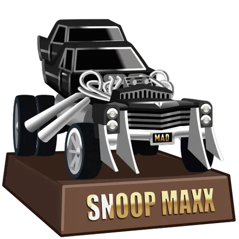 Низкопрофильный автомобиль на постаменте с надписью SNOOP MAXX. Автомобиль мигает фарами и выпускает дым.