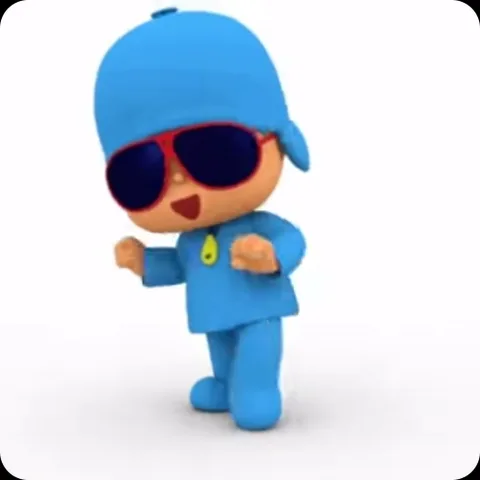 3D-персонаж Pocoyo в синей одежде и темных очках с красной оправой выполняет танцевальные движения на белом фоне.