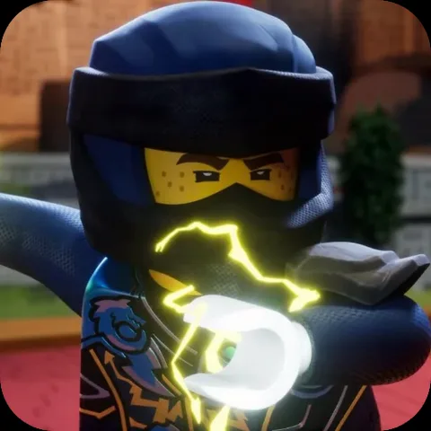 Анимация персонажа Джея из LEGO Ninjago, который держит руку перед собой и генерирует электрический разряд.