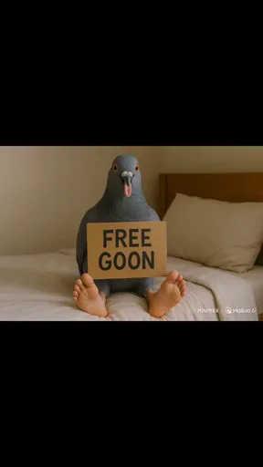 Анимация: голубь на кровати держит табличку «FREE GOON», к нему подлетает человек и целует его.