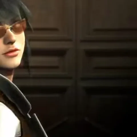 Анимация персонажа Леди из игры Devil May Cry, которая поворачивается к зрителю.