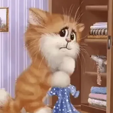 Анимация рыжего кота с печальным выражением морды, который держит детское синее платье.