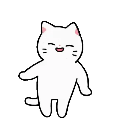 Анимация белого кота, который прыгает и показывает розовое сердечко.