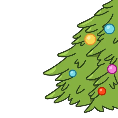 Розовое существо с лицом-сердцем выглядывает из-за зелёной ёлки с игрушками и корчит смешную гримасу.