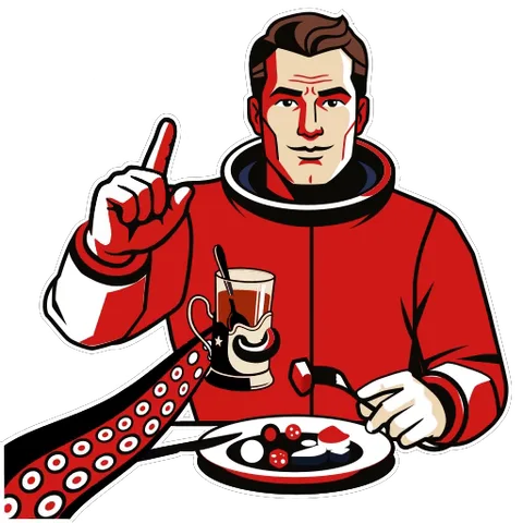 Анимированный стикер с космонавтом в красном костюме, который ест с тарелки щупальцем и показывает жест согласия с текстом «ДА!».